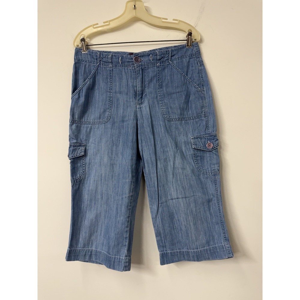 Gloria Vanderbilt Women's 6 Blue Chambray Cotton Capri Cargo Cropped Denim